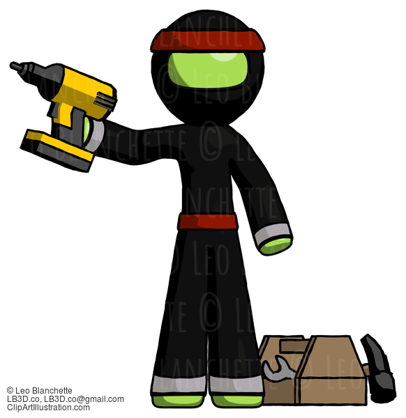 Green Ninja Warrior Man Holding Drill Ready To Work, Toolchest And Tools To Right #5250