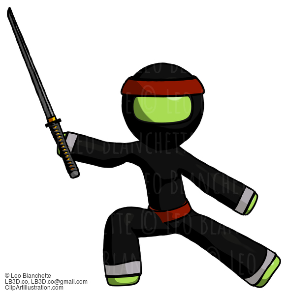 Green Ninja Warrior Man With Ninja Sword Katana In Defense Pose #5256