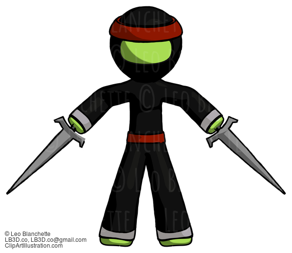 Green Ninja Warrior Man Two Sword Defense Pose #5260