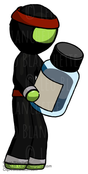 Green Ninja Warrior Man Holding Glass Medicine Bottle #5265