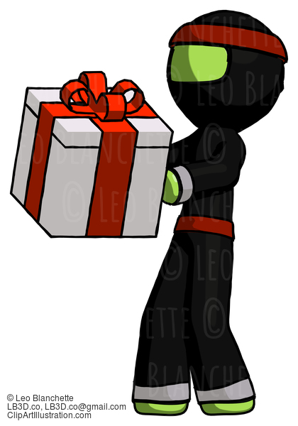 Green Ninja Warrior Man Presenting A Present With Large Red Bow On It #5267