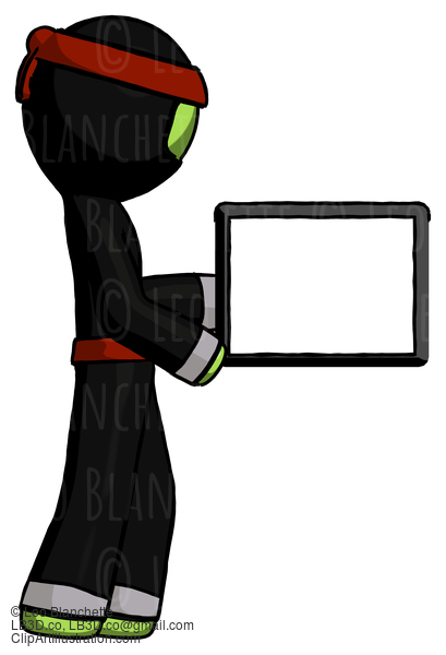 Green Ninja Warrior Man Show Tablet Device Computer To Viewer, Blank Area #5277