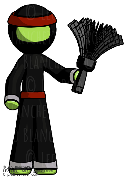 Green Ninja Warrior Man Holding Feather Duster Facing Forward #5278