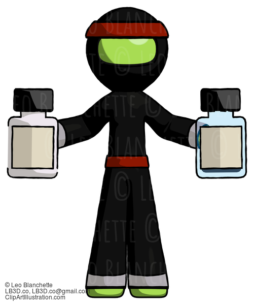 Green Ninja Warrior Man Holding Two Medicine Bottles #5279