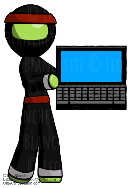 Green Ninja Warrior Man Holding Laptop Computer Presenting Something On Screen #5297