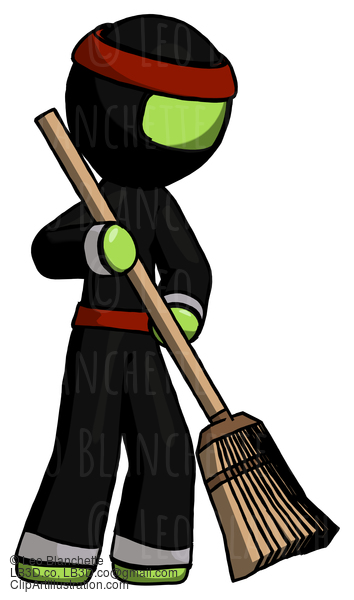 Green Ninja Warrior Man Sweeping Area With Broom #5304