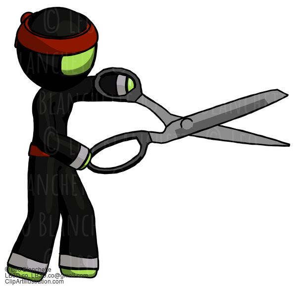 Green Ninja Warrior Man Holding Giant Scissors Cutting Out Something #5305