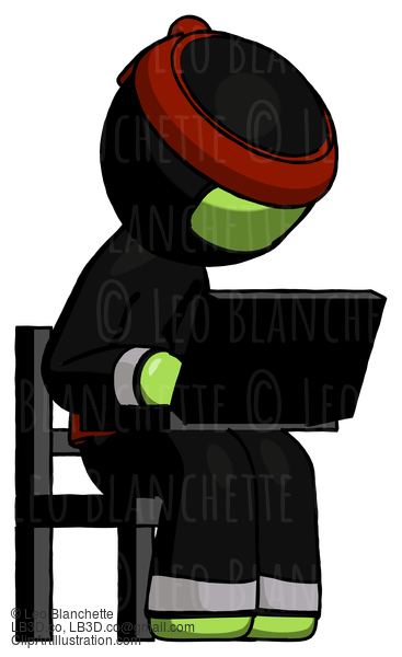 Green Ninja Warrior Man Using Laptop Computer While Sitting In Chair Angled Right #5309