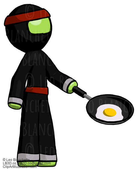 Green Ninja Warrior Man Frying Egg In Pan Or Wok Facing Right #5311