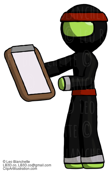 Green Ninja Warrior Man Reviewing Stuff On Clipboard #5316