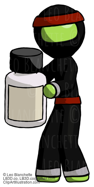 Green Ninja Warrior Man Holding White Medicine Bottle #5318