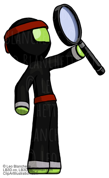 Green Ninja Warrior Man Inspecting With Large Magnifying Glass Facing Up #5326