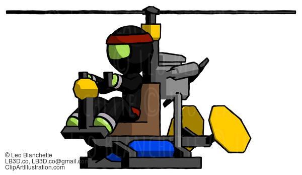 Green Ninja Warrior Man Flying In Gyrocopter Front Side Angle View #5350