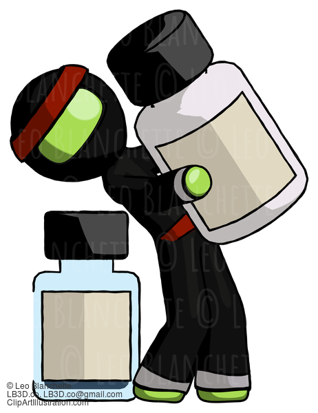 Green Ninja Warrior Man Holding Large White Medicine Bottle With Bottle In Background #5352