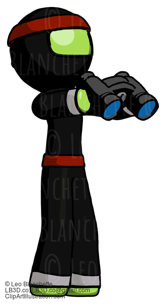 Green Ninja Warrior Man Holding Binoculars Ready To Look Right #5354