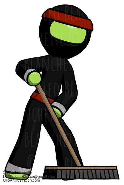 Green Ninja Warrior Man Cleaning Services Janitor Sweeping Floor With Push Broom #5357