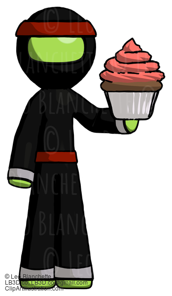 Green Ninja Warrior Man Presenting Pink Cupcake To Viewer #5359