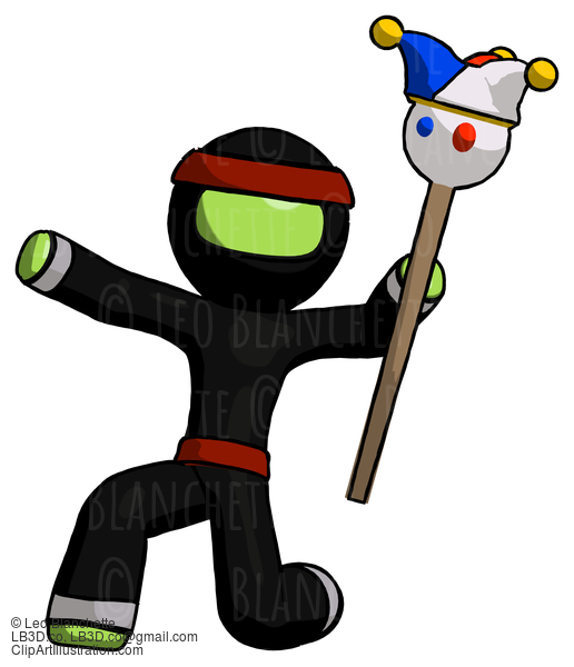 Green Ninja Warrior Man Holding Jester Staff Posing Charismatically #5363