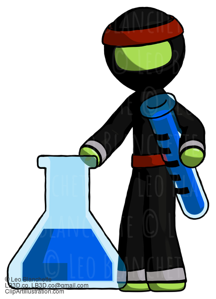 Green Ninja Warrior Man Holding Test Tube Beside Beaker Or Flask #5366