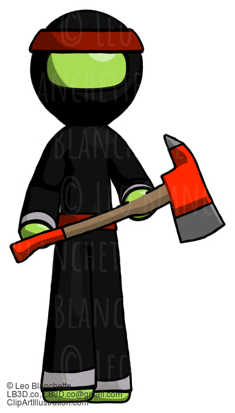 Green Ninja Warrior Man Holding Red Fire Fighter’S Ax #5372