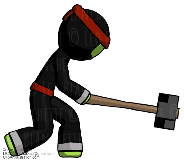 Green Ninja Warrior Man Hitting With Sledgehammer, Or Smashing Something #5374