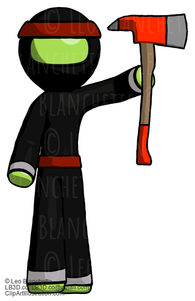 Green Ninja Warrior Man Holding Up Red Firefighter’S Ax #5375