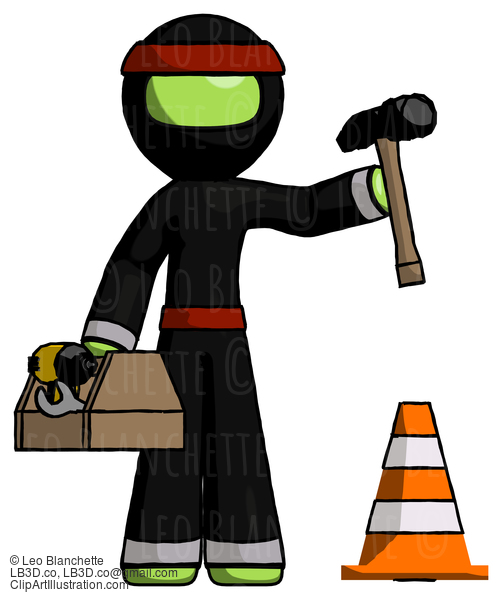 Green Ninja Warrior Man Under Construction Concept, Traffic Cone And Tools #5377