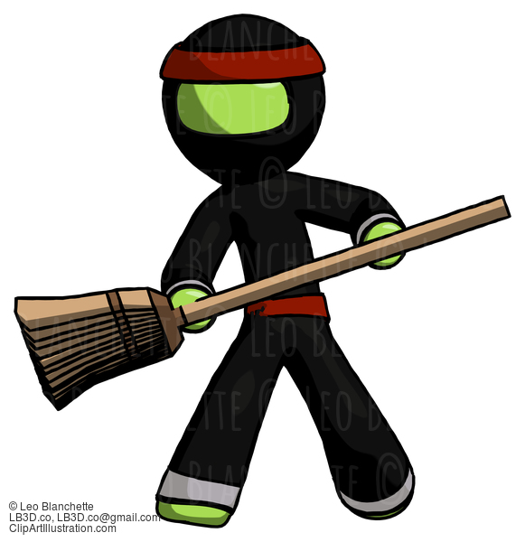 Green Ninja Warrior Man Broom Fighter Defense Pose #5378