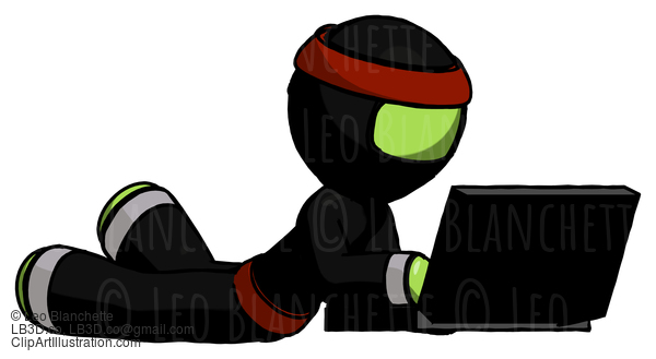 Green Ninja Warrior Man Using Laptop Computer While Lying On Floor Side Angled View #5380