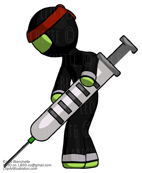 Green Ninja Warrior Man Using Syringe Giving Injection #5382