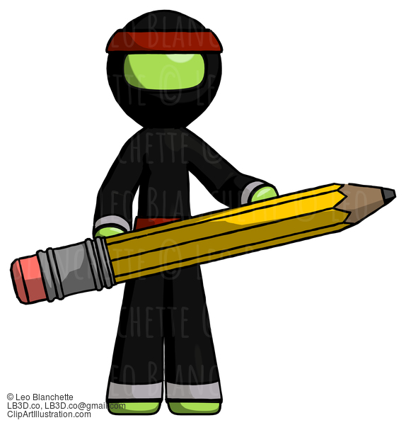 Green Ninja Warrior Man Writer Or Blogger Holding Large Pencil #5384