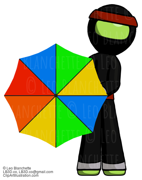 Green Ninja Warrior Man Holding Rainbow Umbrella Out To Viewer #5390