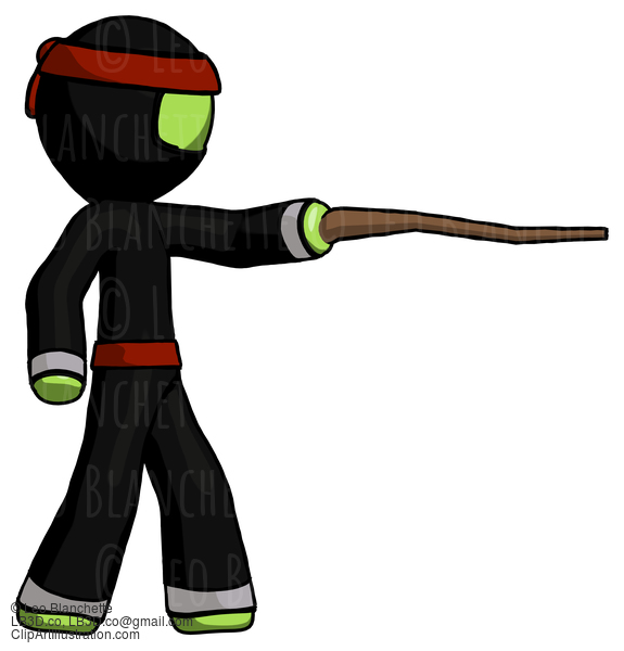 Green Ninja Warrior Man Pointing With Hiking Stick #5395