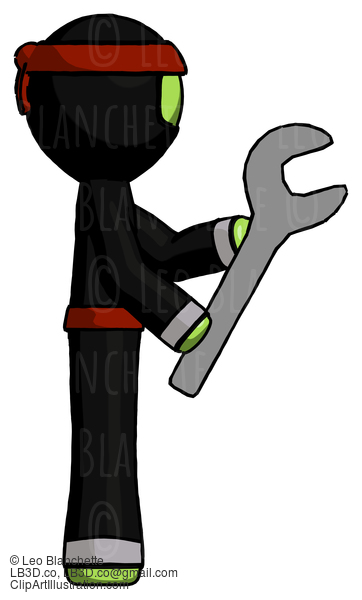 Green Ninja Warrior Man Using Wrench Adjusting Something To Right #5398