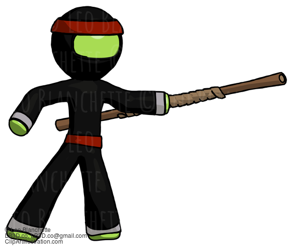 Green Ninja Warrior Man Bo Staff Pointing Right Kung Fu Pose #5406