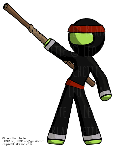 Green Ninja Warrior Man Bo Staff Pointing Up Pose #5409