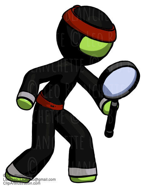 Green Ninja Warrior Man Inspecting With Large Magnifying Glass Right #5413