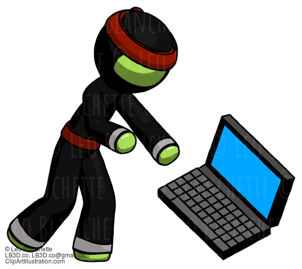 Green Ninja Warrior Man Throwing Laptop Computer In Frustration #5415