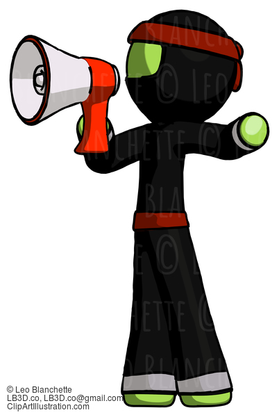 Green Ninja Warrior Man Shouting Into Megaphone Bullhorn Facing Left #5420