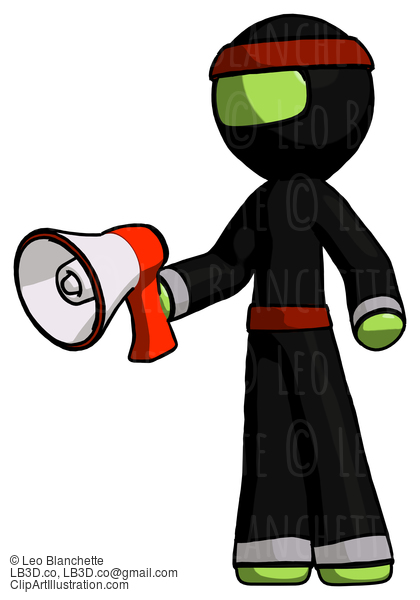 Green Ninja Warrior Man Holding Megaphone Bullhorn Facing Right #5422