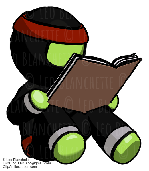 Green Ninja Warrior Man Reading Book While Sitting Down #5423