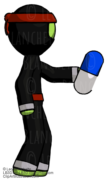 Green Ninja Warrior Man Holding Blue Pill Walking To Right #5428