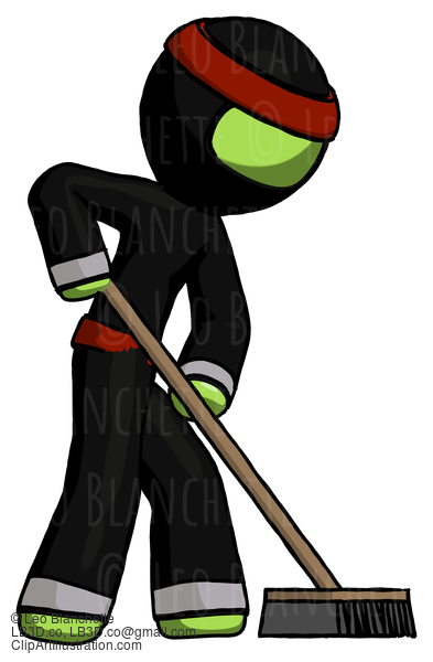 Green Ninja Warrior Man Cleaning Services Janitor Sweeping Side View #5432