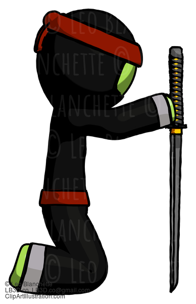 Green Ninja Warrior Man Kneeling With Ninja Sword Katana Showing Respect #5436