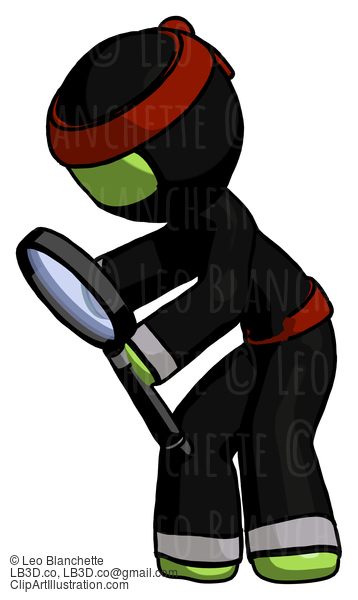 Green Ninja Warrior Man Inspecting With Large Magnifying Glass Left #5438