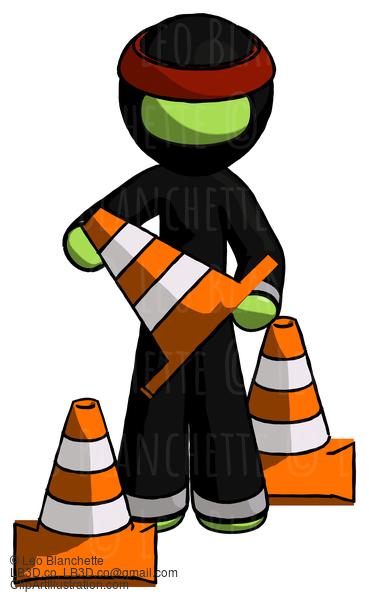 Green Ninja Warrior Man Holding A Traffic Cone #5448