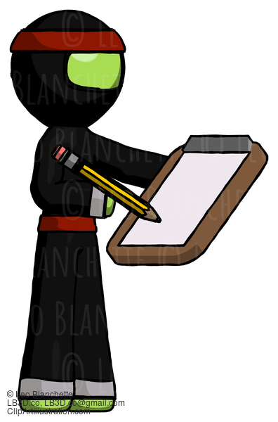 Green Ninja Warrior Man Using Clipboard And Pencil #5450