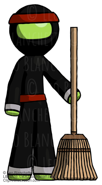 Green Ninja Warrior Man Standing With Broom Cleaning Services #5453