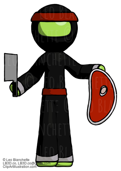 Green Ninja Warrior Man Holding Large Steak With Butcher Knife #5455