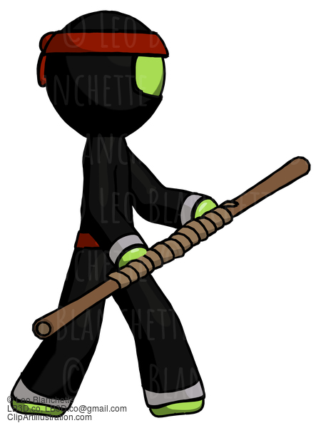 Green Ninja Warrior Man Holding Bo Staff In Sideways Defense Pose #5458